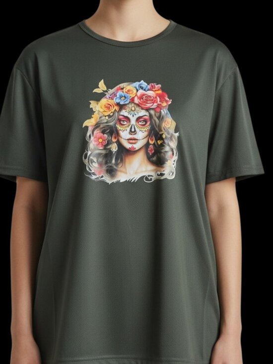 Handmade Tops - NEW! Sugar Skull Calavera Day of the Dead Woman Quick Dry Stretchy T-Shirt XXL